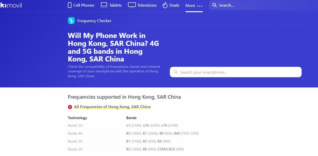 Frequencies supported in Hong Kong